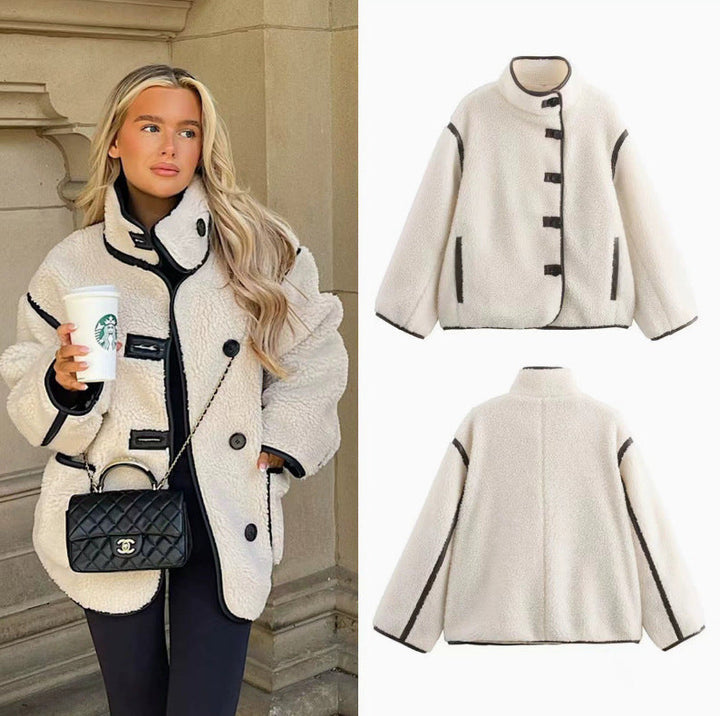 Dam 100+ Teddy Jacka i Oversize Look med Stå Krage och Contrast Piping