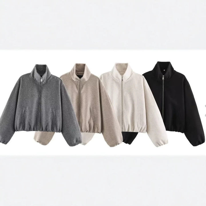 Dam Kort Skärning Bouclé Blouson Jacka med Stå Krage, Elastic Nederkant och Balloon Ärmar