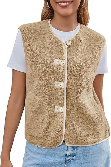 Dam teddy fleece väst med knappslå och sidofickor