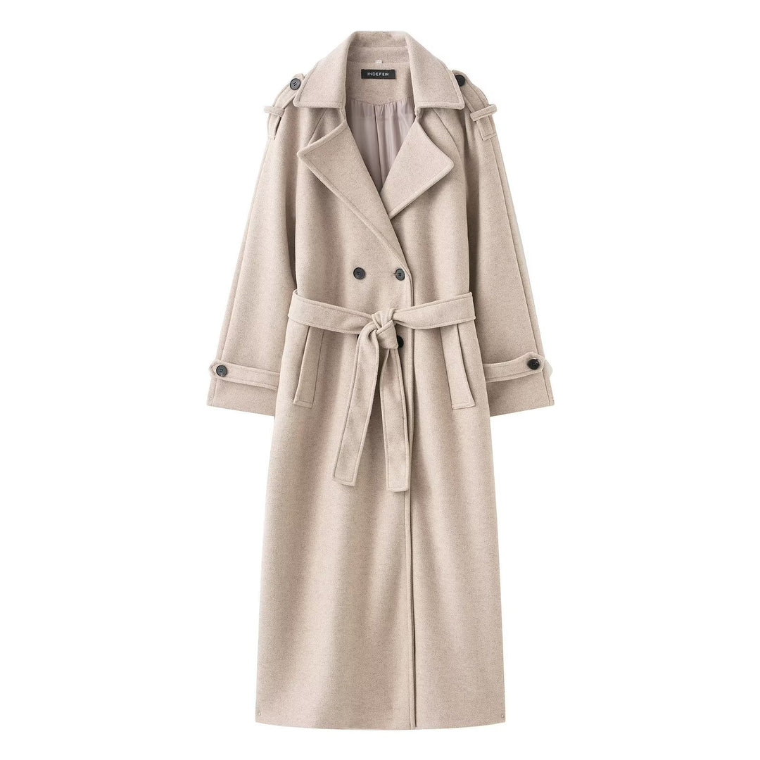 Dam Lång Dubbel-Breasted Trenchcoat med Bälte och Axel Straps
