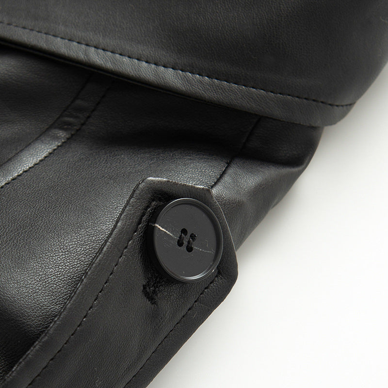 Dam kort-skärning trench-stil konstläderjacka med tie bälte och axel patches