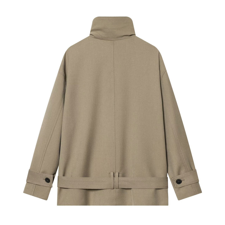 Dam Kort Trenchcoat med Dubbel-Breasted Knapplist, Midjebälte, och Hög Ståkrage