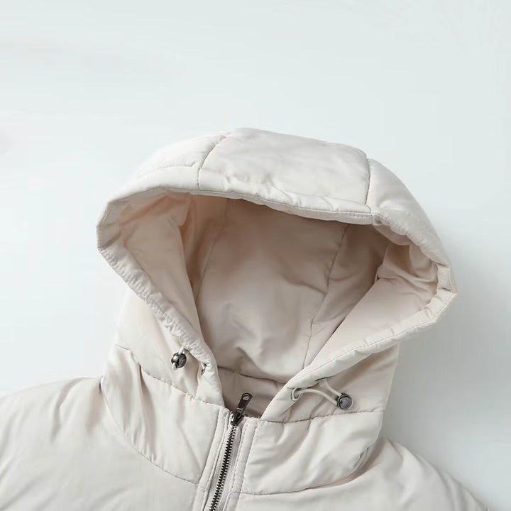 Dam Kort-Skärning Hybrid Quiltad Jacka med Huva, Midjedragsko och Elastic Ärmar