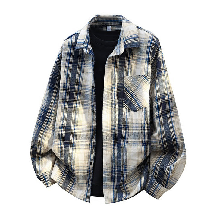 Herr Oversized Rutig Flannel Skjortjacka med Breast Ficka och Rundad Fåll