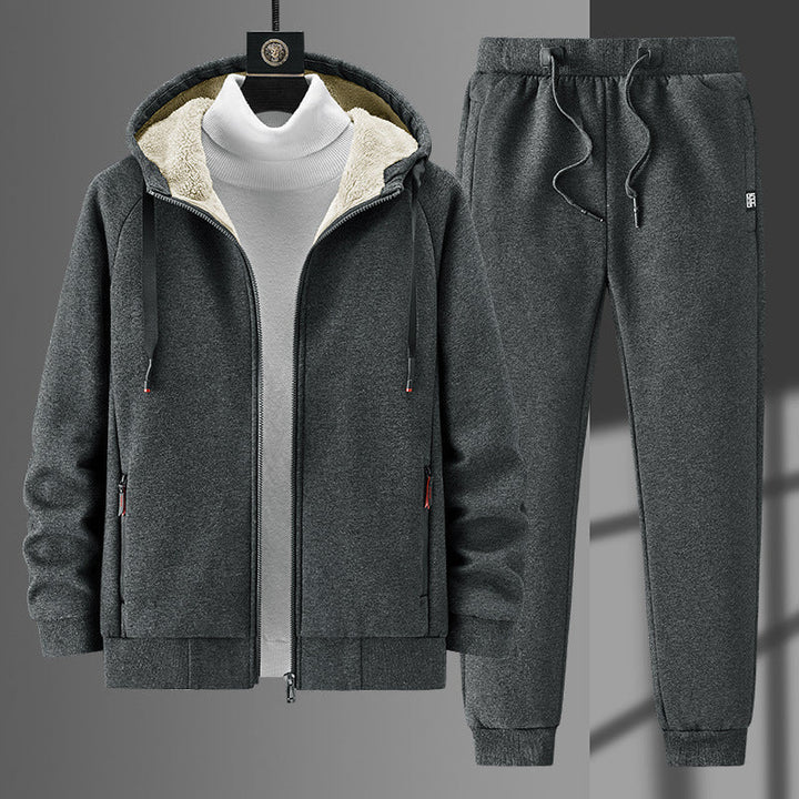 Herr Fleece-Fodrad Dragkedja Luvtröja och Jogging Byxor Set med Teddy Foder