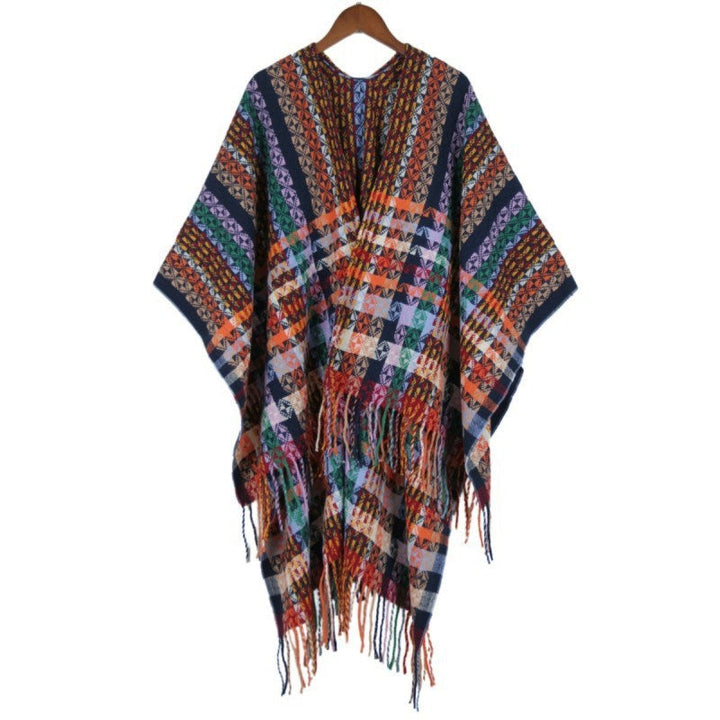 Dam Multicolored Woven poncho i Boho Patchwork design med Fringes
