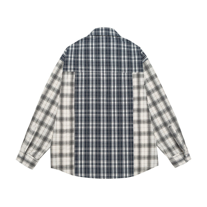 Unisex Oversized Skjorta Jacka med Patchwork Rutigt Mönster och Rounded Fåll