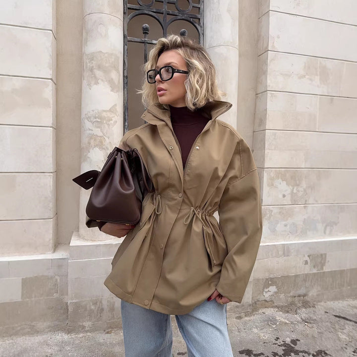 Dam kort Parka med midja dragsko och hög krage