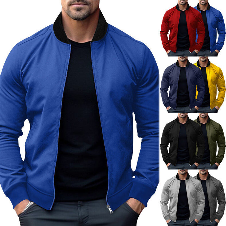 Herr Sportig-Elegant Sweat Jacka i Bomber Stil med Contrast Krage och Tvåvägsdragkedja