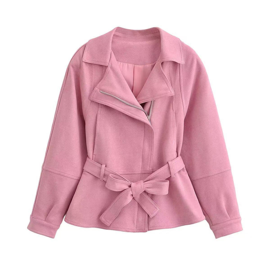 Dam Kort Jacka med Belted Midja, Asymmetrical Lapel, och Peplum Fåll