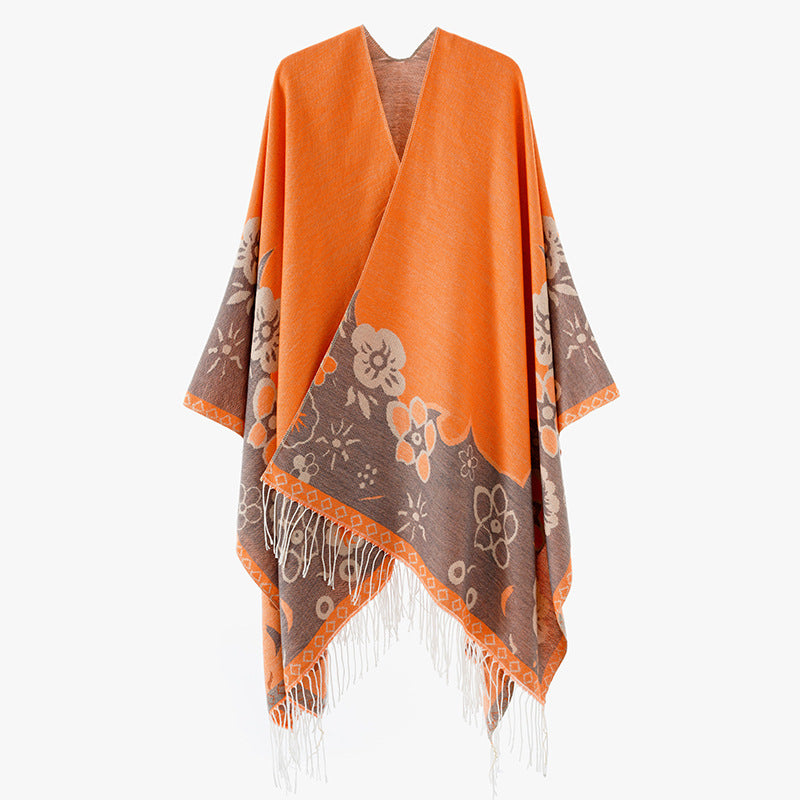 Dam kimono-stil oversized poncho tillverkad av Jacquard stickad med Floral Border design och fransfåll