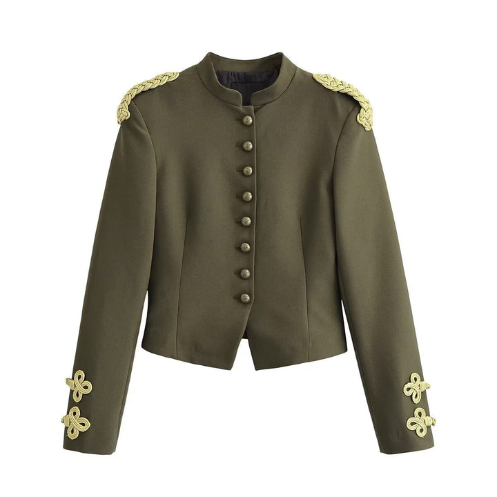 Dam Fitted Military Kort Jacka med Stå Krage, Epaulettes, och Adorned Dekorativ Knots