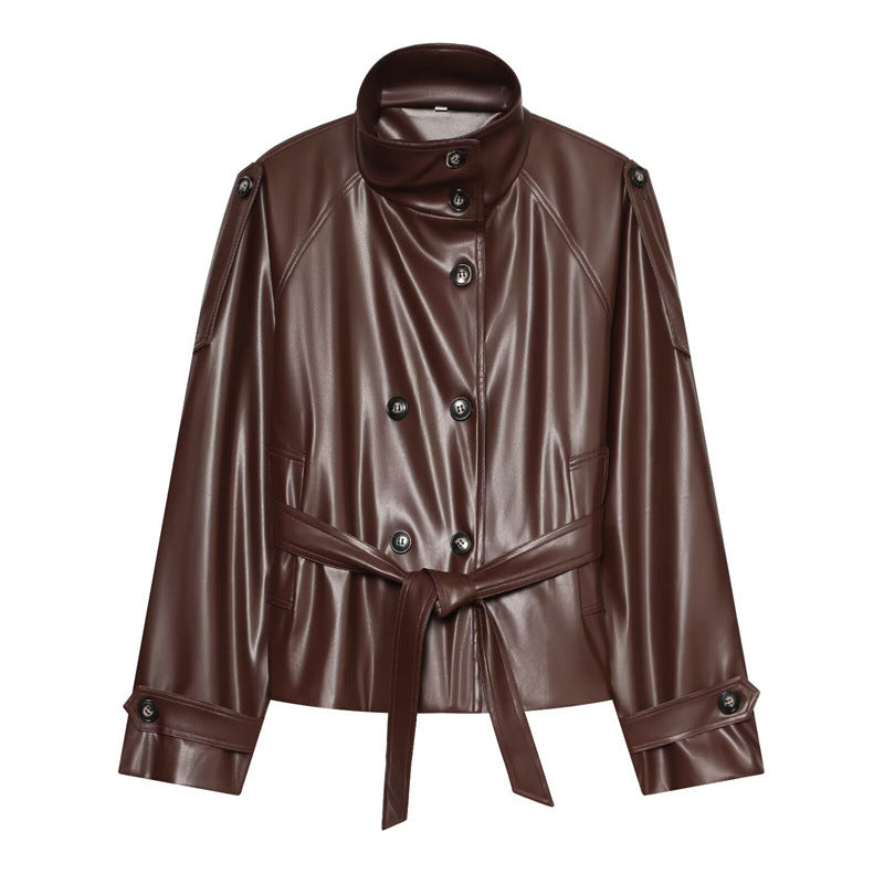 Dam kort konstläder Blouson med hög krage, Double knappslå och knytband