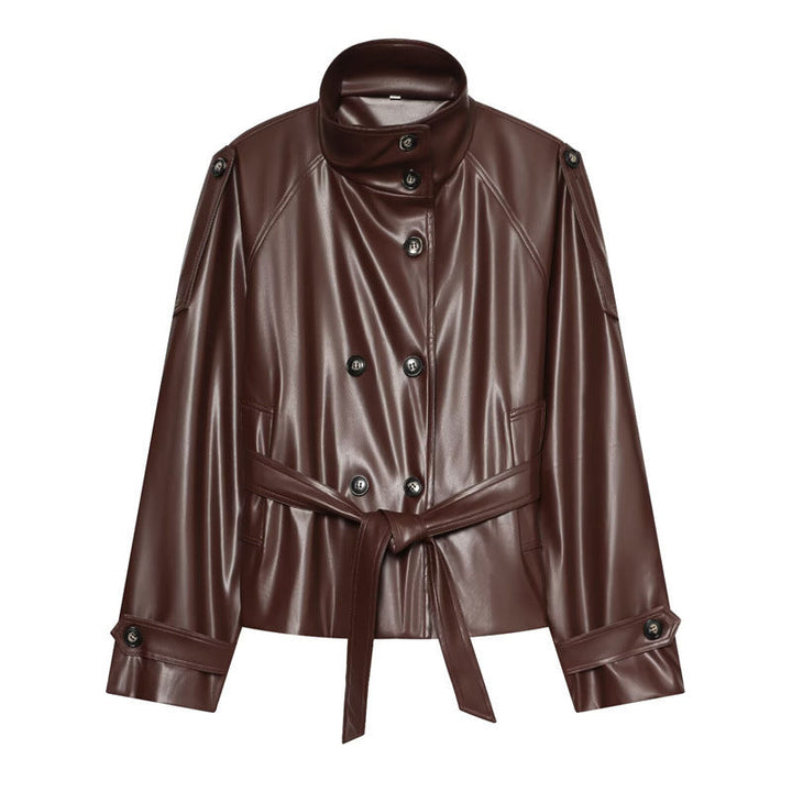 Dam kort konstläder Blouson med hög krage, Double knappslå och knytband