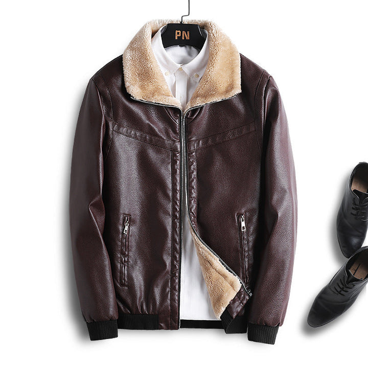 Herr Läder Imitation Pilot Jacka med Teddyfoder och Faux Fur Krage