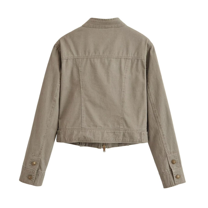 Dam Kort Jacka i Army Look Tillverkad av Bomull Twill med Stå Krage och Dekorativ Dekorativ Straps