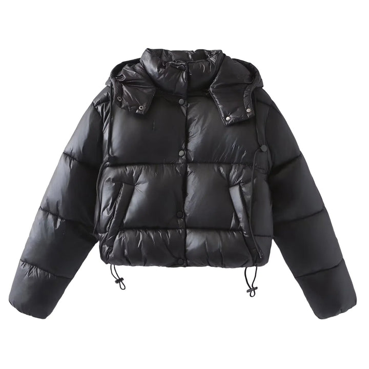 Dam oversized vadderad kort jacka med detachable huva, high ståkrage, och drawstring fåll