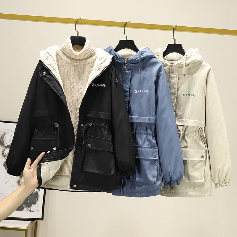 Dam vattenavvisande Hooded Parker med Teddy foder Tunnel Drawstring Waist och Multiple fickor