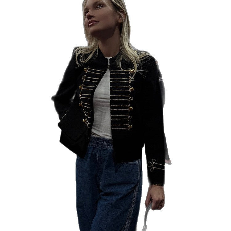 Dam kort skuren military jacka med gold-embellished cords
