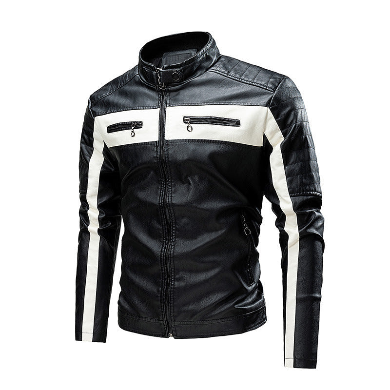 Herr biker läder jacka i colorblock design med vadderad axel section och ståkrage