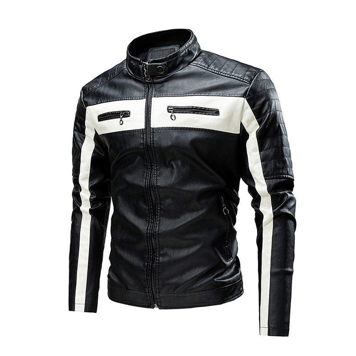 Herr biker läder jacka i colorblock design med vadderad axel section och ståkrage