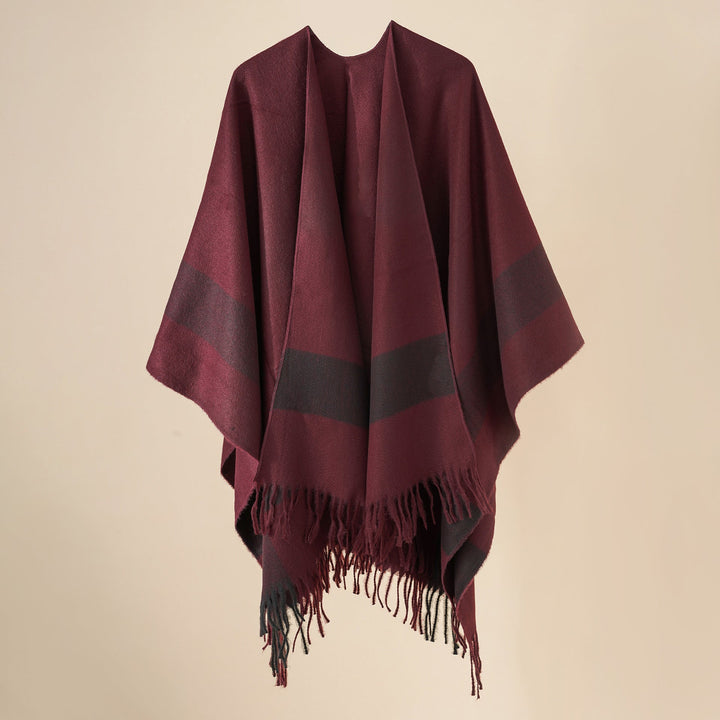 Dam ullblandning axel poncho med fringed fåll och kontrasterande block stripes