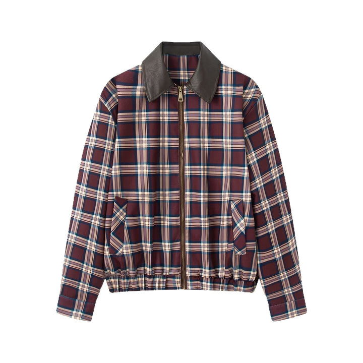 Dam kort skuren Checked Blouson med konstläder krage, dragkedja och Elastic fåll