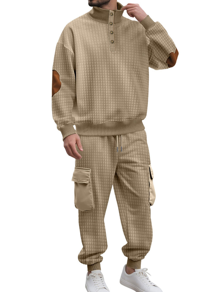 Herr Check Relief Sweat Set med Ståkrage Knapplist, Velour Elbow Lappar och Cargo Jogger