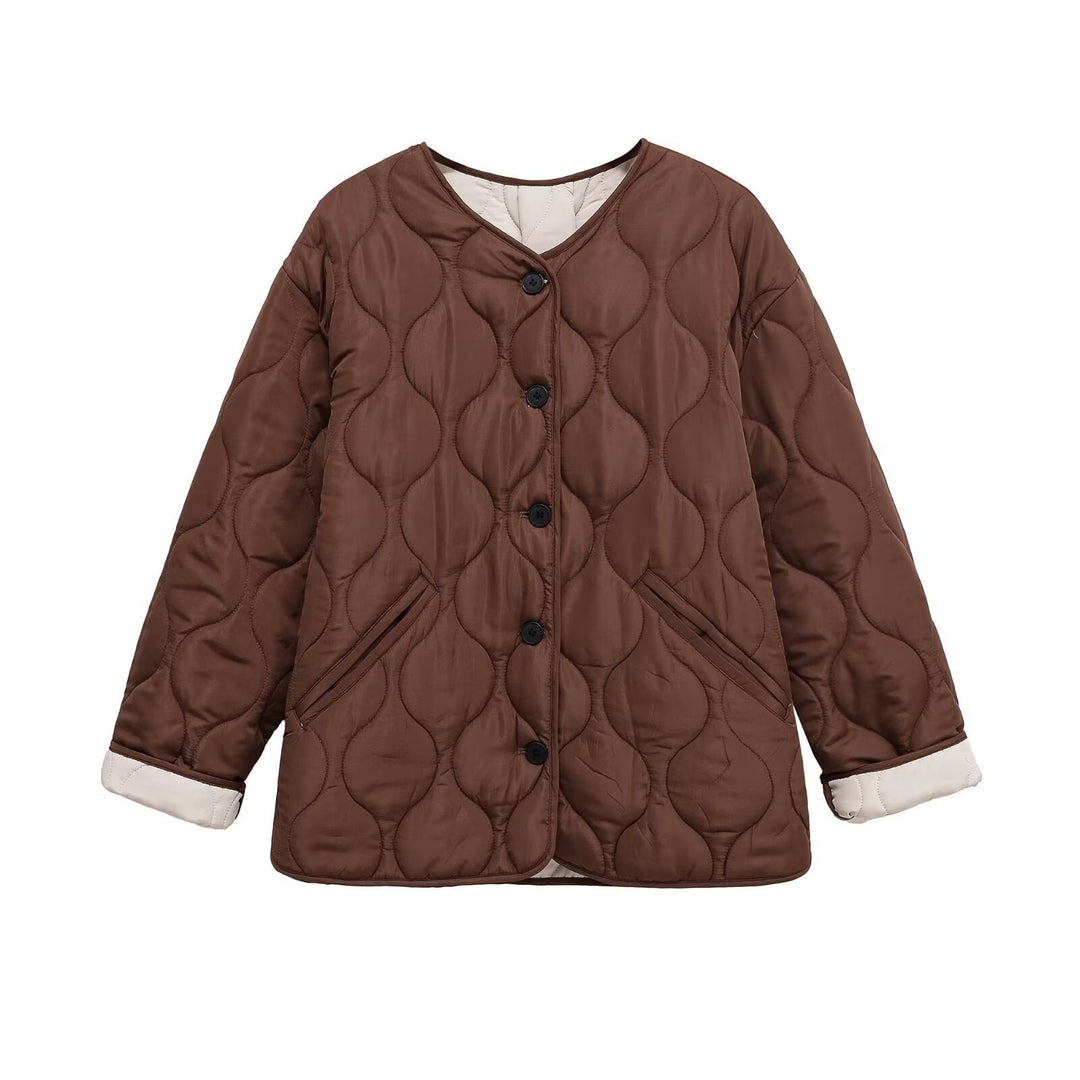 Dam Quiltad Jacka med Round Quilting, Knapplist och V-ringad