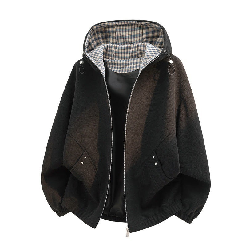 Dam oversized fleecejacka med huva och rutig innerfoder