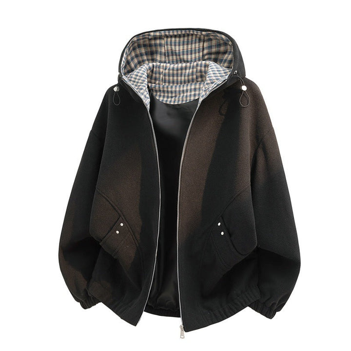 Dam oversized fleecejacka med huva och rutig innerfoder