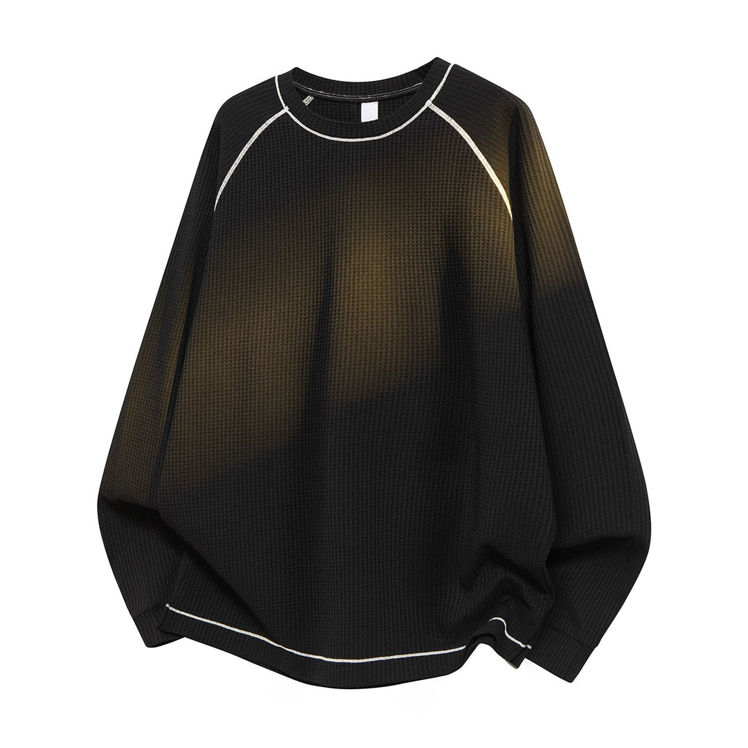 Herr Oversized Waffle Stickad College-Tröja med Round Neck, Raglanärmar och Contrast Sömmar
