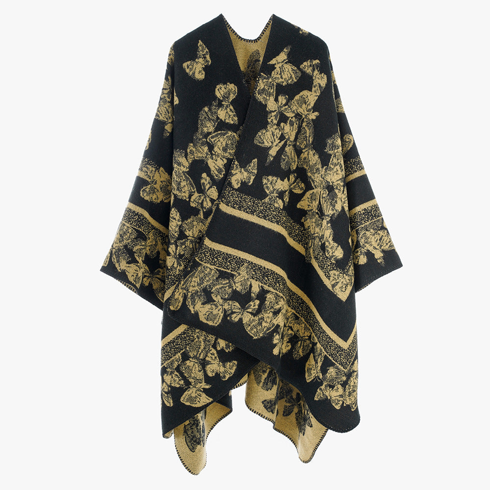 Dam Jacquard capeponcho med Butterfly mönster och ullblandning look