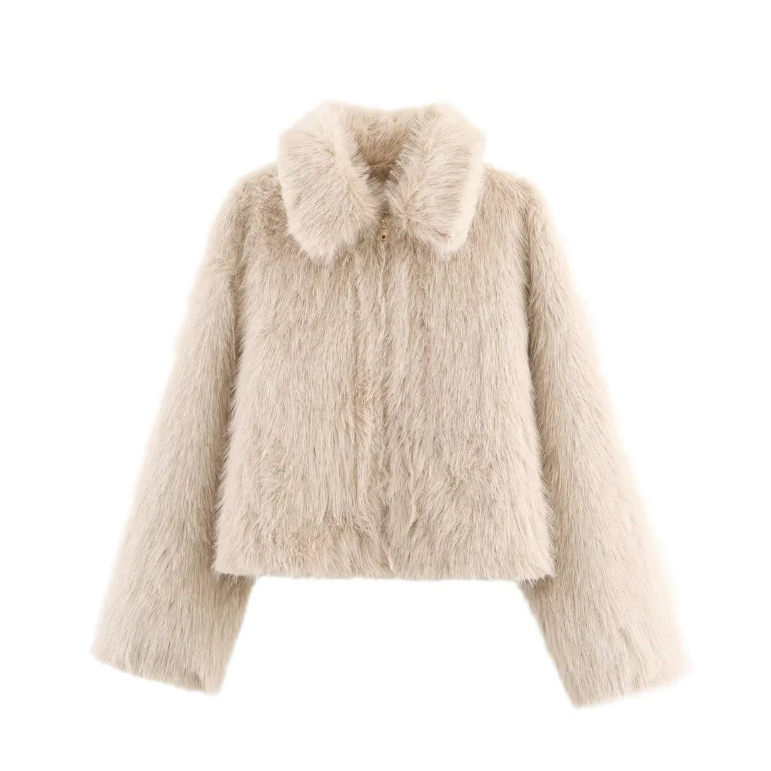 Dam cropped faux pälsjacka i en voluminous lapel krage