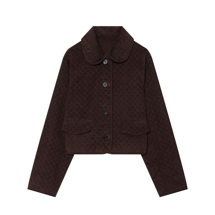 Dam Kort Quiltad Cord Jacka med Rounded Krage och Lock Fickor