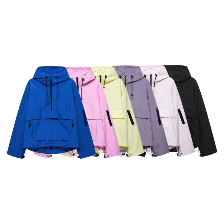 Dam Oversized Vindjacka-Anorak med Huva, Halv Dragkedja och Känguruficka