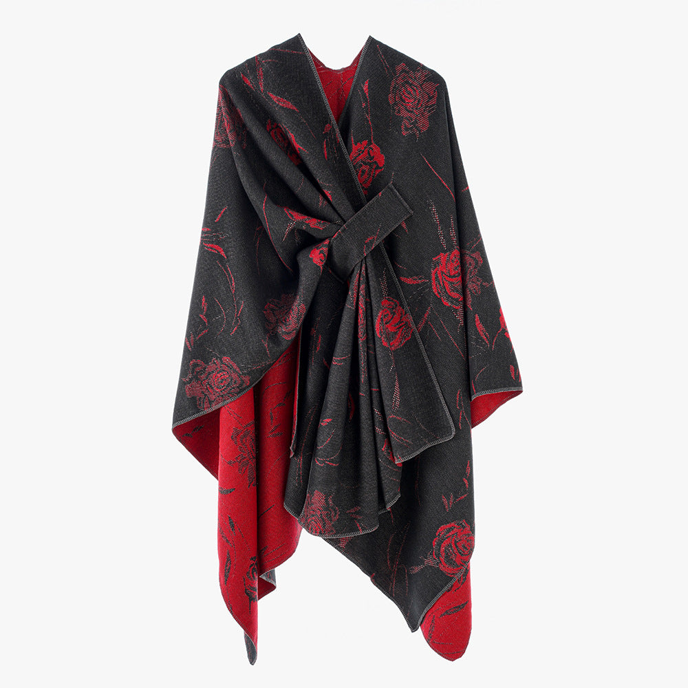 Dam Reversible capeponcho med Rose Jacquard och Tie bälte