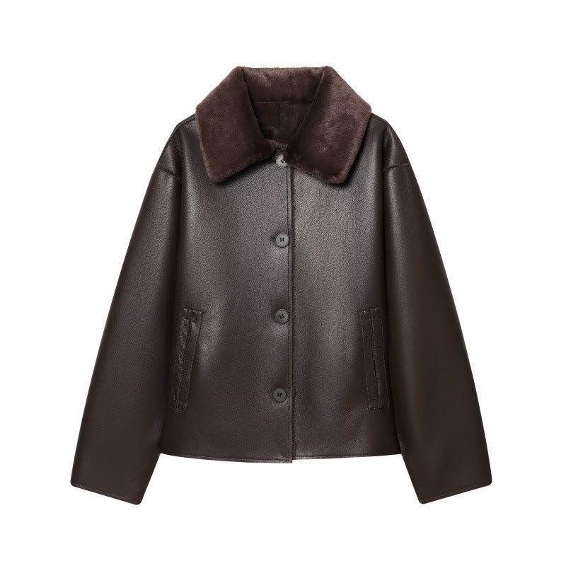 Dam Kort Reversible Sheepskin Jacka med Full Lapel Krage och Varm Teddy Foder