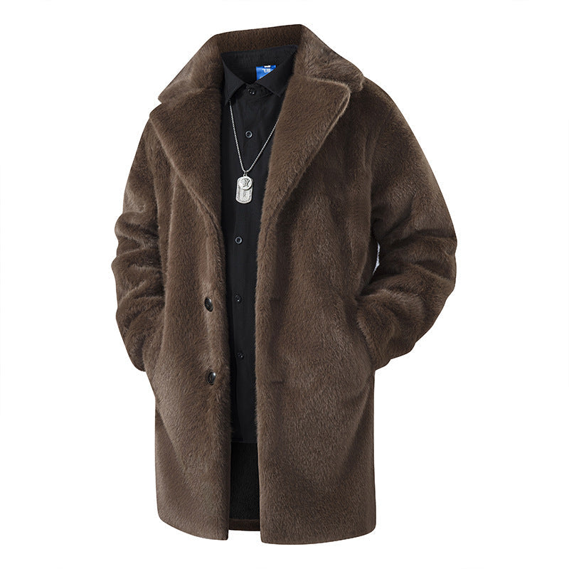 Herr Luxurious Lång Imitation Päls Kappa med Slagkrage och Mjuk Drape