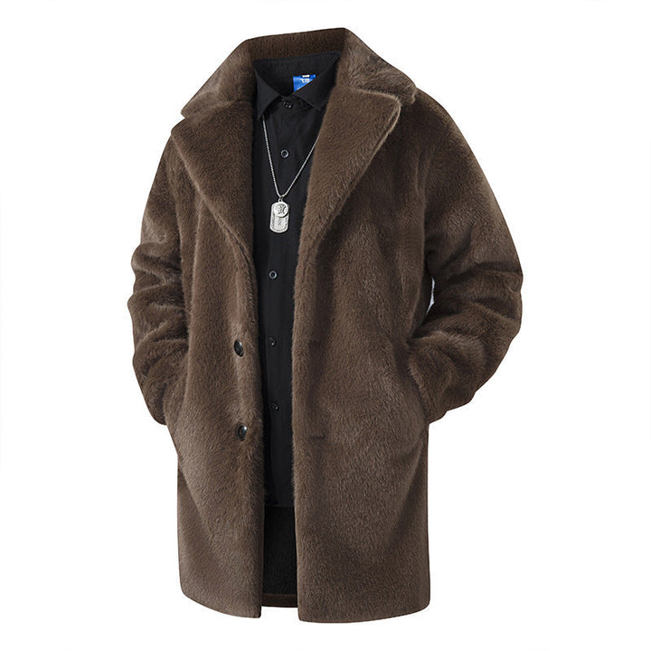 Herr Luxurious Lång Imitation Päls Kappa med Slagkrage och Mjuk Drape