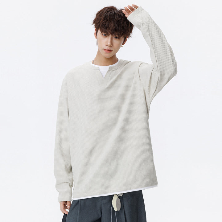 Herr Oversized Waffle Texture College-Tröja med V-ringad och Layered Look