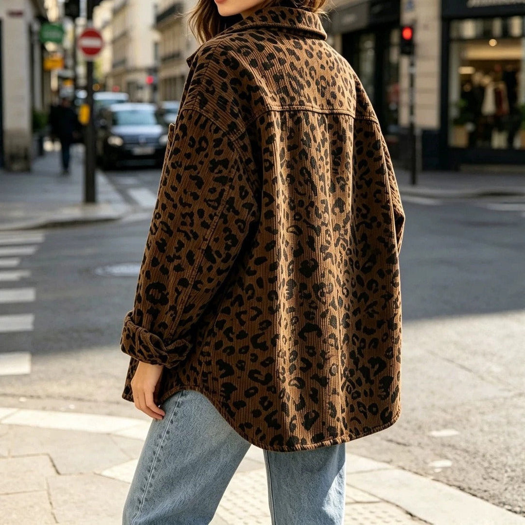 Dam Oversized Cord Skjorta Jacka med Leopardmönster och Tryckknapp Knappar
