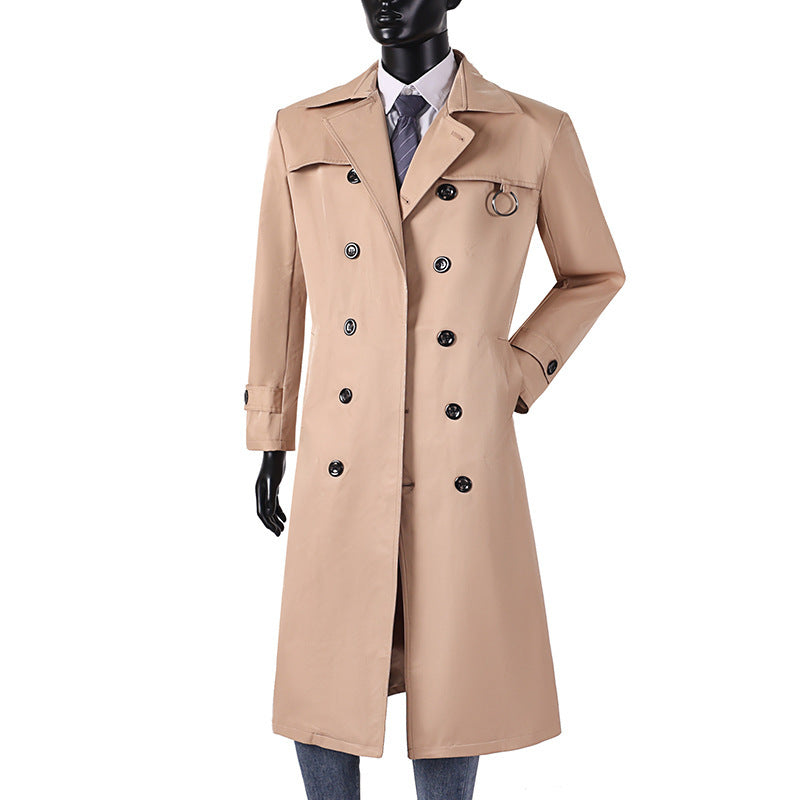 Herr Double-Breasted Trench Kappa med Midja Tailoring, Slagkrage, och Dekorativa Metall Ring
