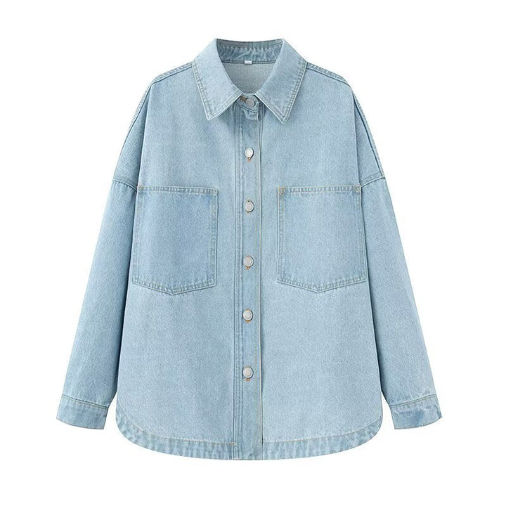 Dam Oversized Jeans Skjorta Jacka i Boxig Skärning med Lapp Bröst Fickor och Rounded Fåll