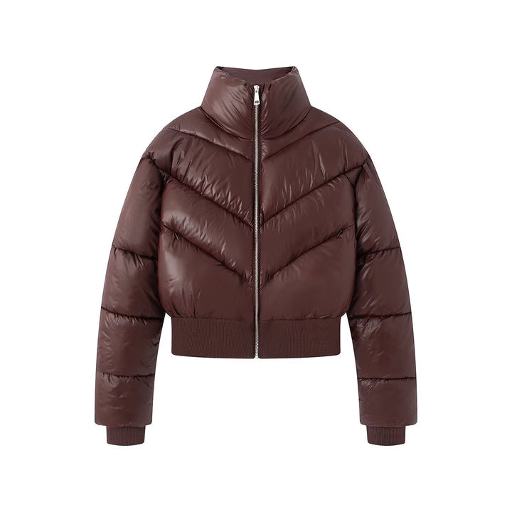 Dam Kort Vadderad Jacka med Hög Stå Krage och Wide Ribbed Cuff