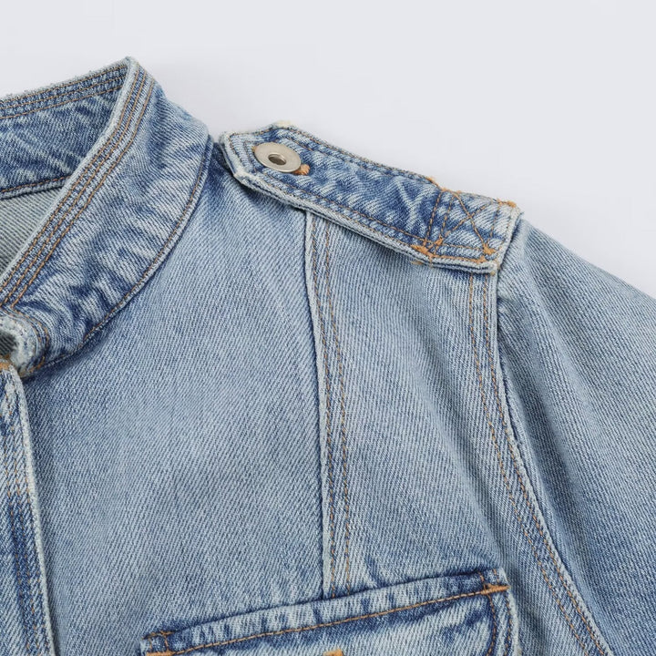 Dam Utility Denimjacka med Stå Krage, Lock Fickor och Epaulettes