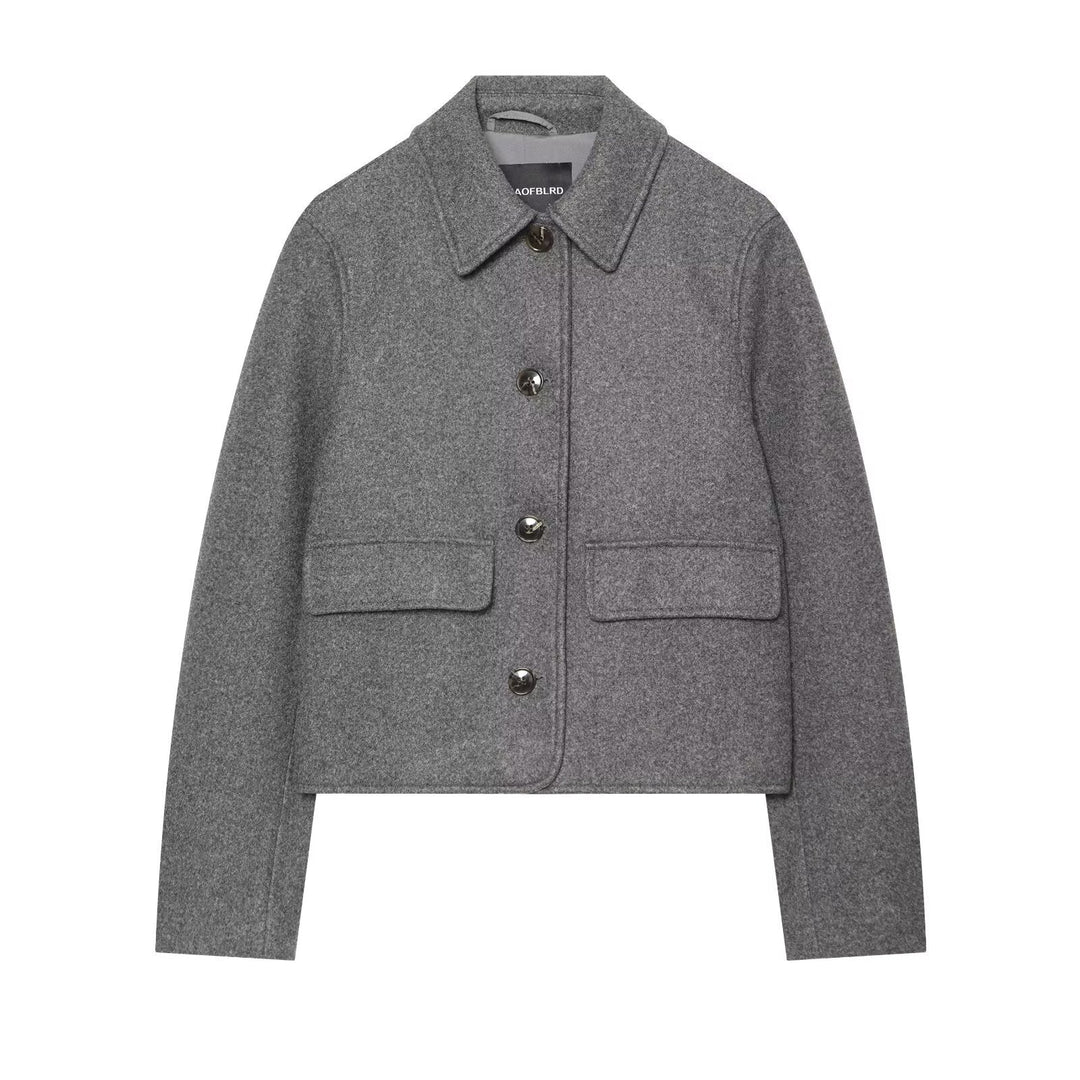 Dam Kort Boxig Ull Blouson med Skjort Krage och Lock Fickor