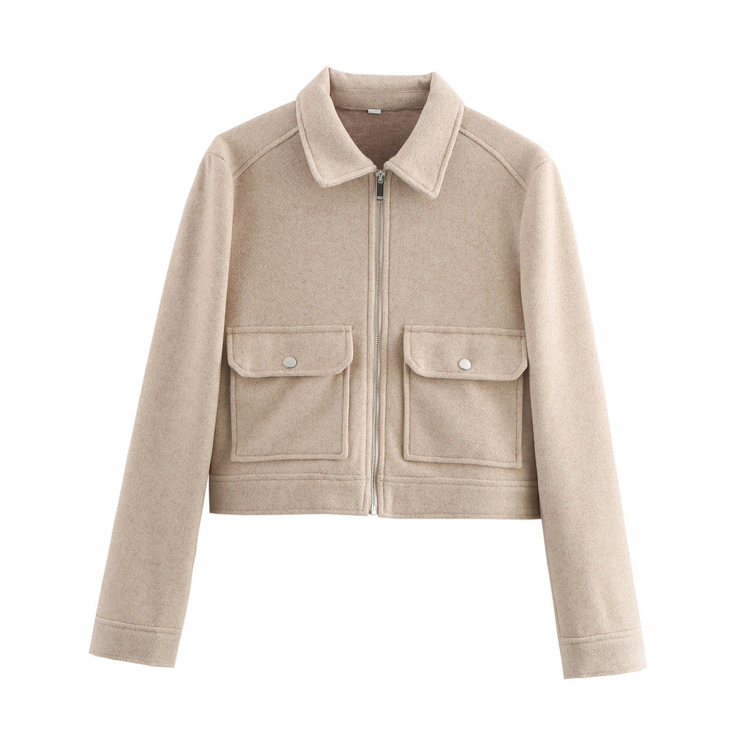 Dam 70+ Kort Ull Blend Blouson Jacka med Dragkedja, Skjort Krage och Lock Fickor