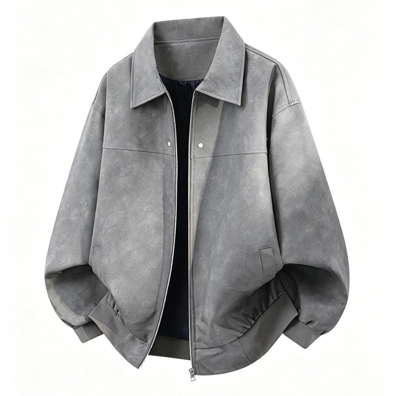 Herr Oversize Blouson Jacka i Velour Look med Boxig Siluett, Two-Sided Dragkedja &amp; Ribbstickad Fåll