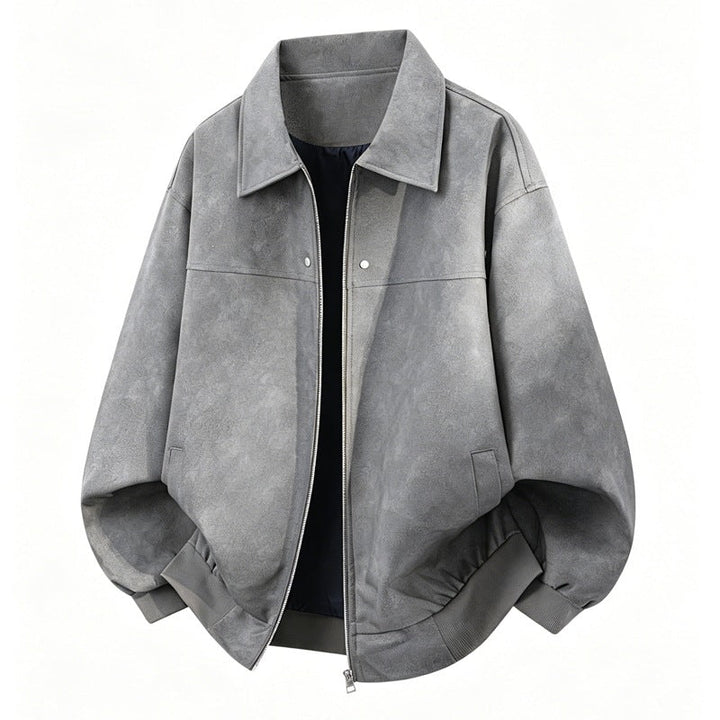 Herr Oversize Blouson Jacka i Velour Look med Boxig Siluett, Two-Sided Dragkedja &amp; Ribbstickad Fåll